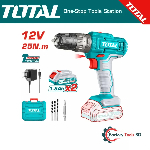 12V Cordless Impact Drill (TIDLI1228) – 25Nm, 2-Speed, with 2 Batteries & Case