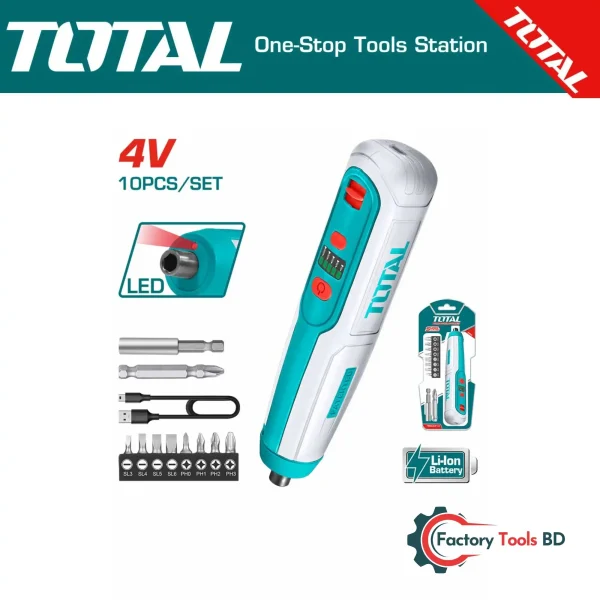 Cordless Electric Screwdriver - TSDLI0423  | 5Nm Torque, 240 RPM, LED Light & 10-Piece Cr-V Bit Set