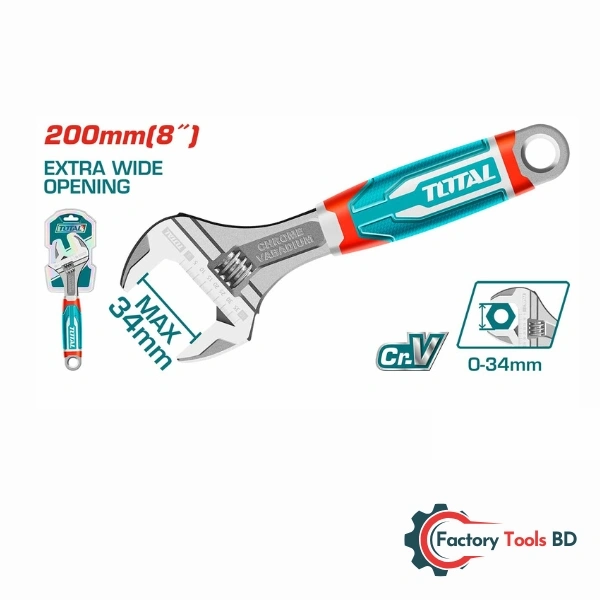 Total Adjustable Wrench THT101086 – 8" Extra Wide Jaw with Comfort Grip (0–34mm)